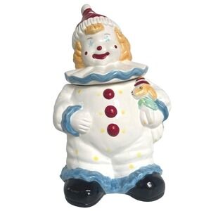 Vtg Ceramic Blond Clown Cookie Jar Red Hat  Polka Dot Outfit Stars Puppy Thailan